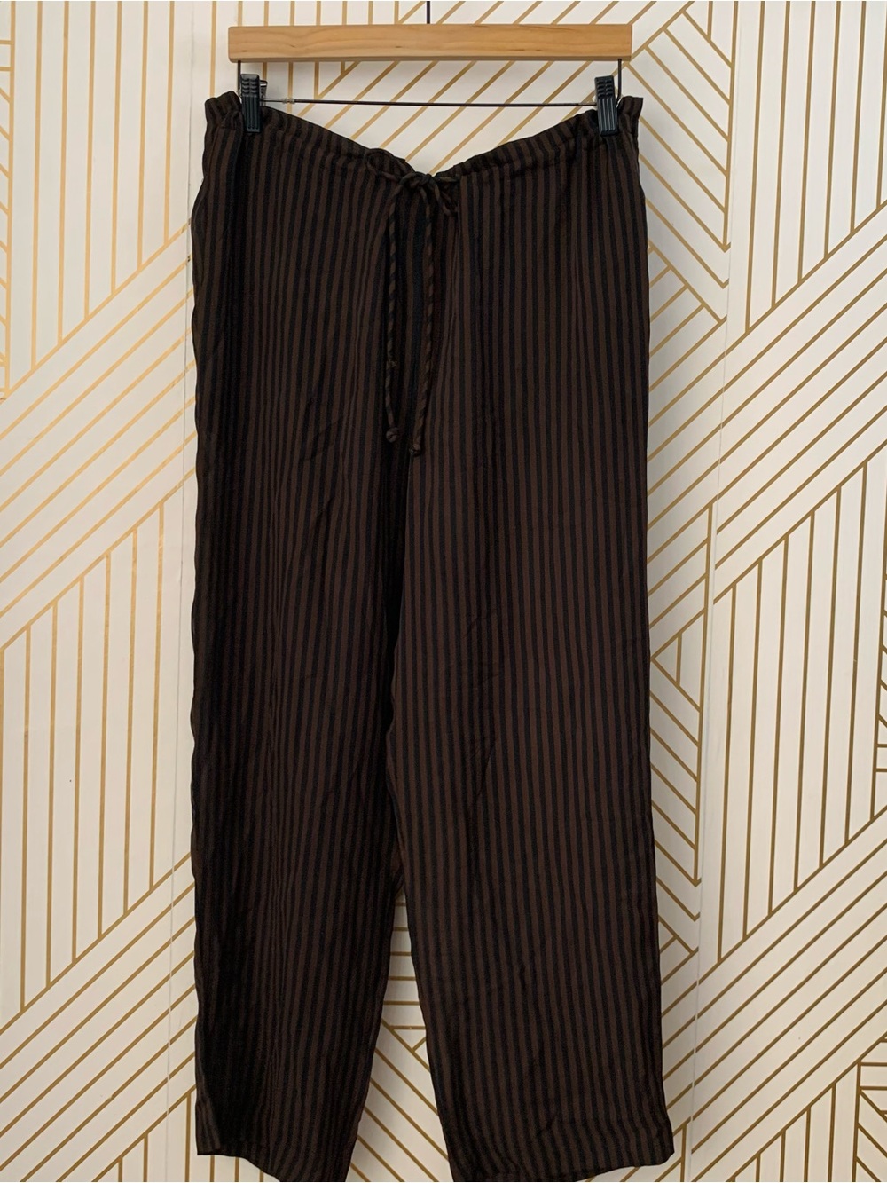 Anne Klein 100% Silk stripe wide leg pants drawstring Flowy European vacation 2P